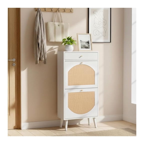 Sunshen White Rattan Shoe Cabinet, 1-Drawer 2-Tilt-Out Entryway Organizer | Hidden Shoe Rack Storage with Rattan Panel for Heels, Slippers and Casual Shoes, Space Saving Entryway Storage Furniture