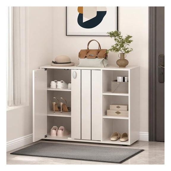 Sunshen Wood Shoe Cabinet with Doors, Freestanding Shoe Rack Cabinet with 3-Level Adjustable Open Shelves, Modern Wooden Shoe Storage Cabinet for Entryway, Hallway, Closet, Living Room (White)