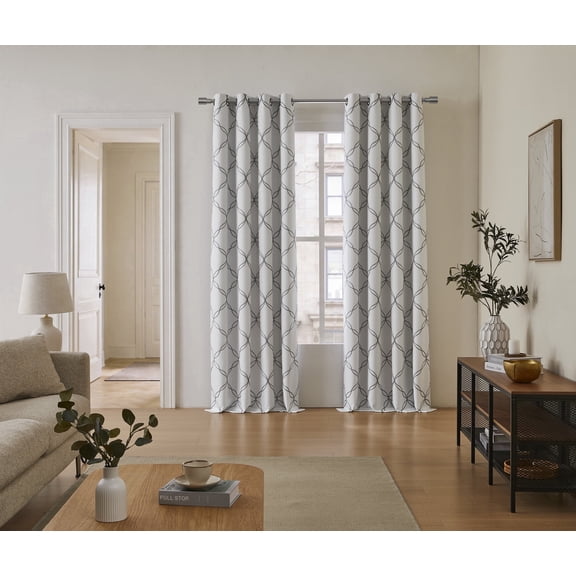 Brent SUNSHIELD ESSENTIALS Brent Embroidery Premium Blackout Curtains for Living Rooms, 50” x 84”, Ivory/Gray