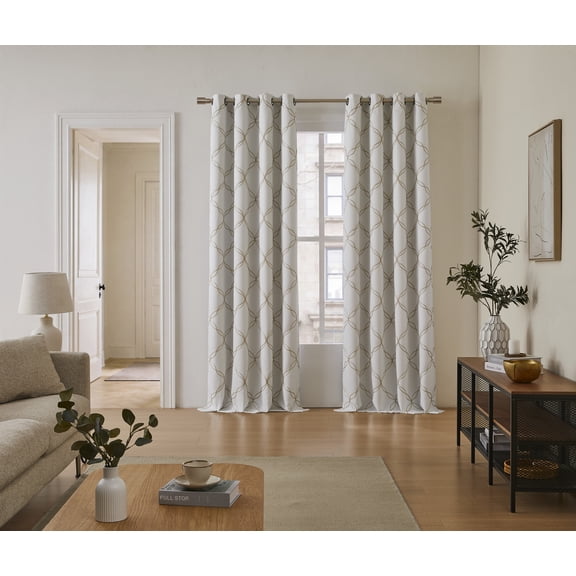 SUNSHIELD ESSENTIALS Brent Embroidery 100% Blackout Curtains for Living Rooms, 50” x 84”, Ivory/Linen