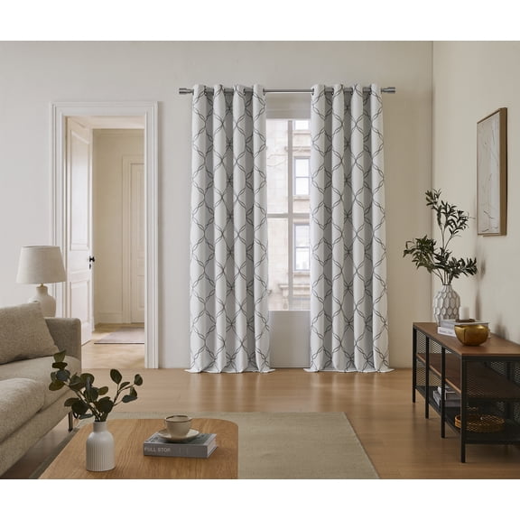 SUNSHIELD ESSENTIALS Brent Embroidery 100% Blackout Curtains for Living Rooms, 50” x 95”, Ivory/Gray