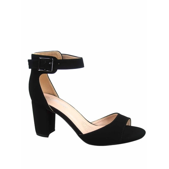 Sunshine-53 Women's Fashion Peep Toe Ankle Strap Buckle Chunky High Heels Sandals Shoes (Black, 6.5)