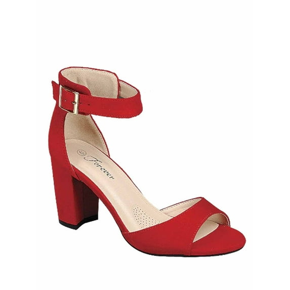 Sunshine-53 Women's Fashion Peep Toe Ankle Strap Buckle Chunky High Heels Sandals Shoes (Red, 7.5)