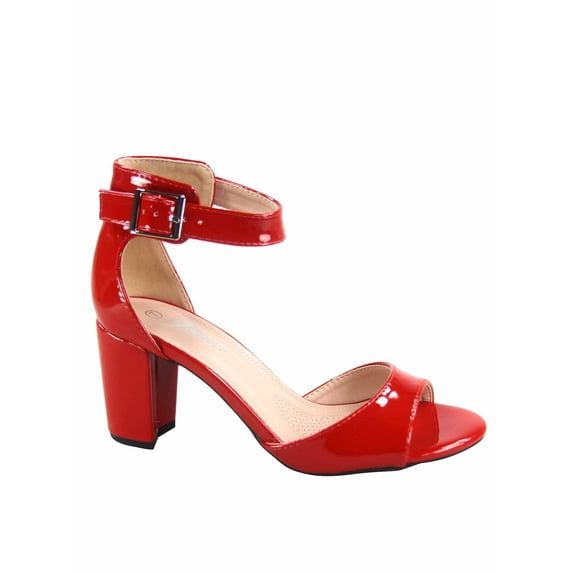Sunshine-53 Women's Fashion Peep Toe Ankle Strap Buckle Chunky High Heels Sandals Shoes ( Red Pat, 7.5)