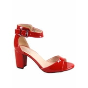 FOREVER LINK Sunshine-53 Women's Fashion Peep Toe Ankle Strap Buckle Chunky High Heels Sandals Shoes ( Red Pat, 7)