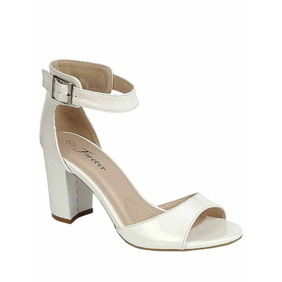 Sunshine-53 Women's Fashion Peep Toe Ankle Strap Buckle Chunky High Heels Sandals Shoes ( White, 10)