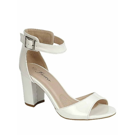 Sunshine-53 Women's Fashion Peep Toe Ankle Strap Buckle Chunky High Heels Sandals Shoes ( White, 6)