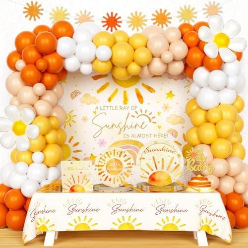 Sunshine Baby Shower Decorations for Girl, A Little Ray of Sunshine is Almost Here Party Decorations, Boho Sun Baby Shower Decorations Backdrop Balloons Banner Tablecloth Plates Napkins Forks