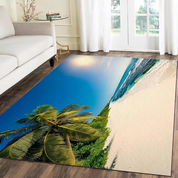 Sunshine Beach Coast Area Rugs, Green Palm Trees 3D Pattern Print Carpet, Non-Slip Washable Area Decoration Rug, Bedroom Living Room Home Office Thermal Carpet Mat 3 x 4ft