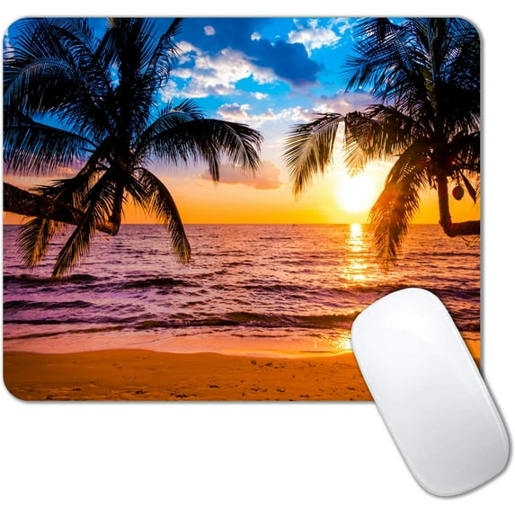 Sunshine Beach Coast Sea Palm Trees Mouse Pad,Hawaiian Coconut Trees Mousepad, Pacific Sunrise Sunset Mouse Mat, Square Mouse Pad for Office Laptop Computer PC Men Women, 9.5 x 7.9 Inch