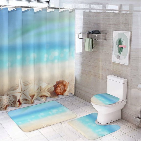 Sunshine Beach Starfish Shower Curtain Set Waterproof Bathroom Toilet Seat Cover Bath Non-slip Mat Rug Carpet Bath Decor