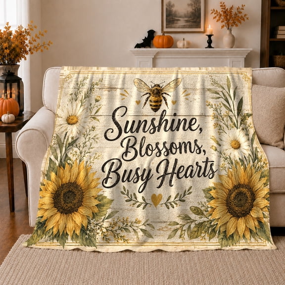 Sunshine Blossoms Busy Hearts Bee, Rustic Botanical Portrait, Warm Flannel Blanket for Ranch House and Living Room, Animal Lovers Valentine's Day Gift, Rustic Home Decor