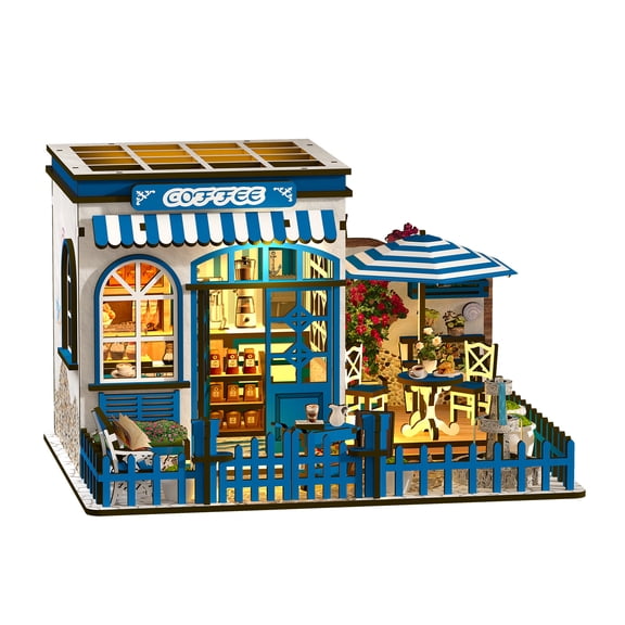 Sunshine Cafe Shop Book Nook Kit, 3D Wooden Puzzle Bookshelf Insert with LED Lights, DIY Miniature House Kit for Adults, Santorini-Style