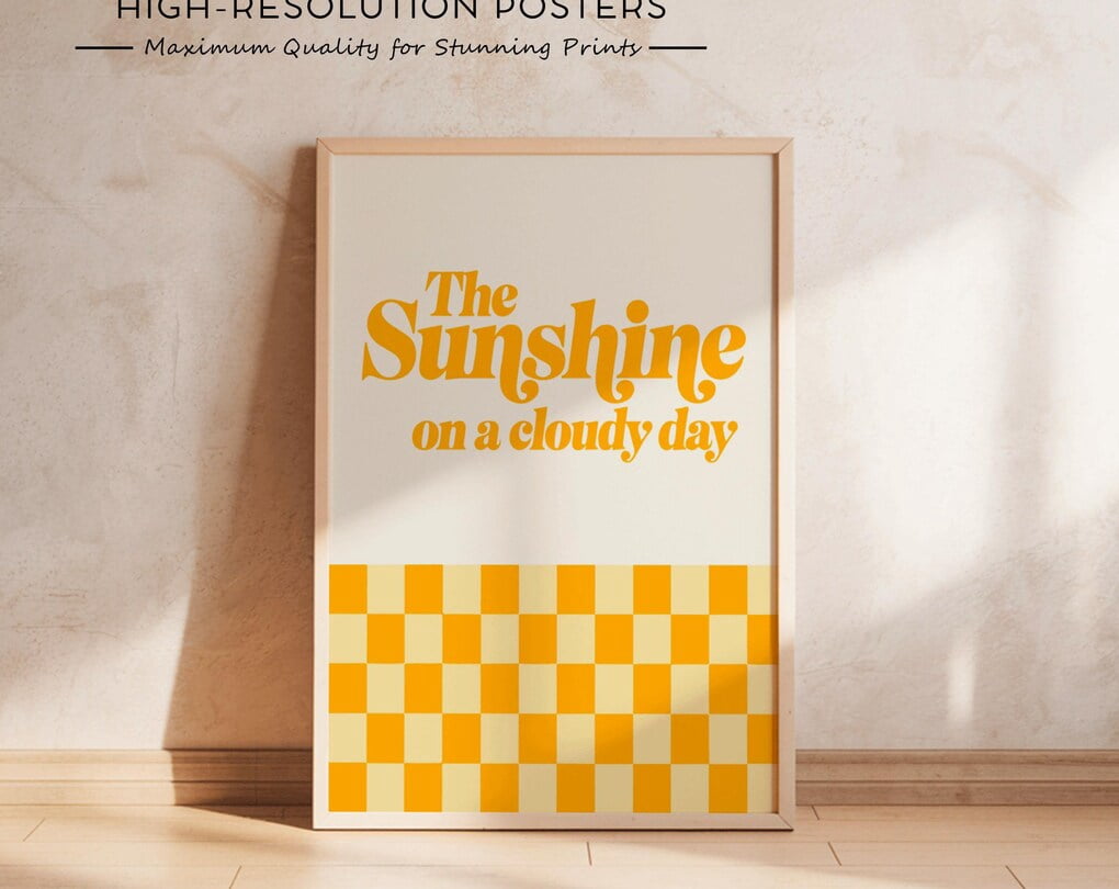 Sunshine Day Kids Poster Retro Yellow Checkered Digital Wall Art