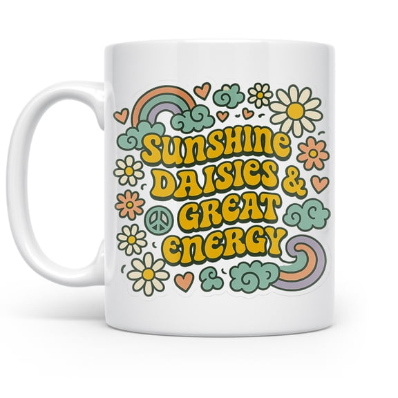 Sunshine Daze 11 oz Coffee Mug - Retro Rainbow Peace Sign Design White Ceramic Gift