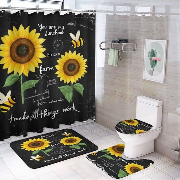 Sunshine Farm Bees Art Shower Curtain Bathroom Sets Toilet Lid Rug, Bath Mat And Contour Mat, Shower Curtain 4Pcs