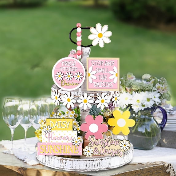 Sunshine Flower Bloom Tiered Tray Decor Wood Sign Spring Summer Layered Tray Ornament Party Home Kitchen Holiday Rustic Farmhouse Table Signs Home Decor