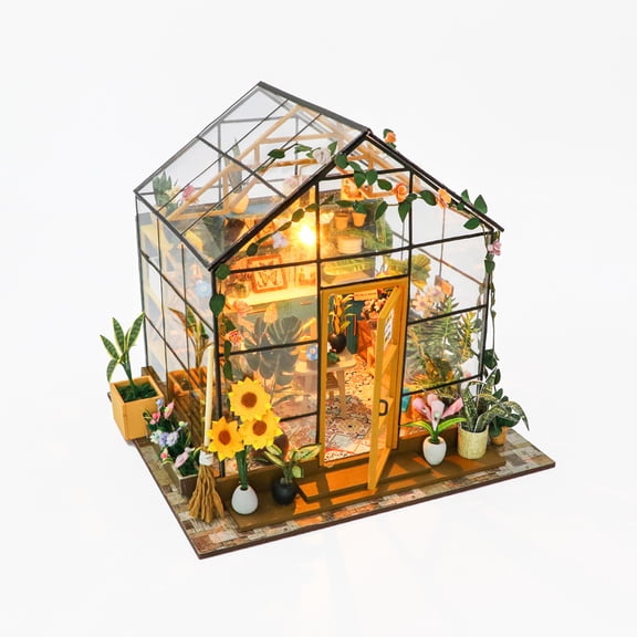 Sunshine Flower House 3D Wooden Miniature Model - DIY Glass Conservatory Kit with LED Glow, Artistic Greenhouse Diorama Craft Set for Hobbyists, Romantic Home Display