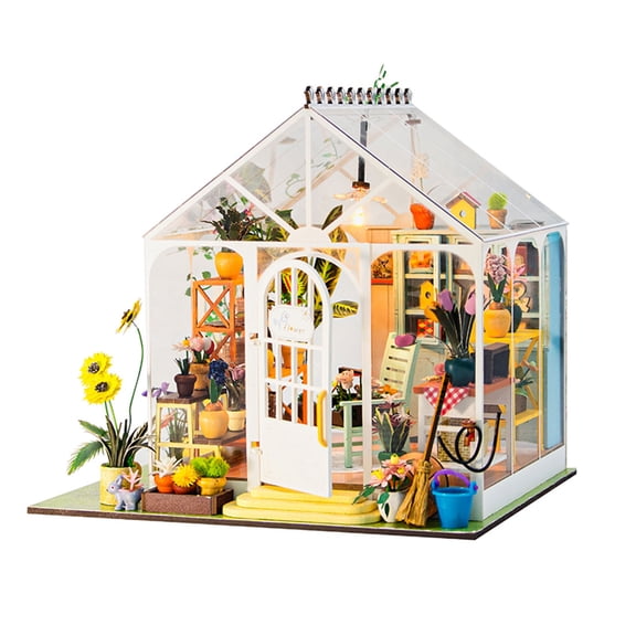 Sunshine Flower House 3D Wooden Puzzle Miniature Model Kit, DIY Assembly Building Set With Shelf Display Decor For Hobbyists
