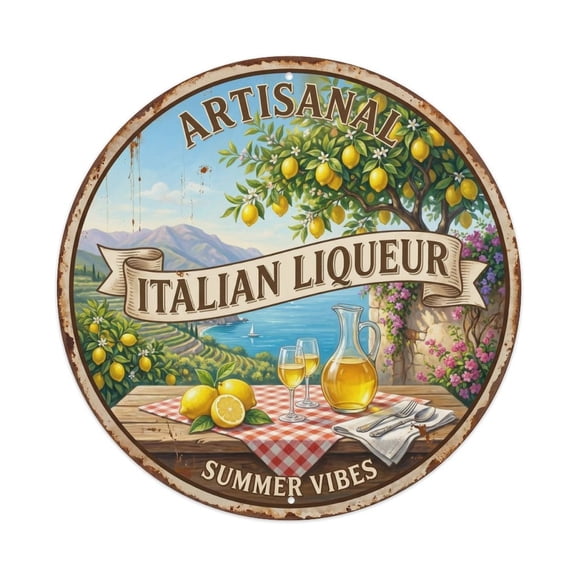 Sunshine Italian Liqueur 1 Vintage Metal Tin Sign Plaque Wall Decor for Cafe, Club, Garden Round Metal Poster 8x8Inch