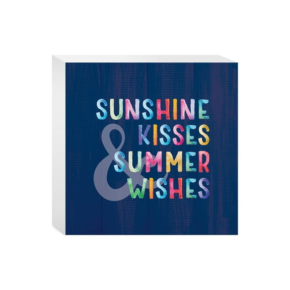Sunshine Kisses Wishes Colorful Script 5 x 5 Wood Tabletop Sign Plaque