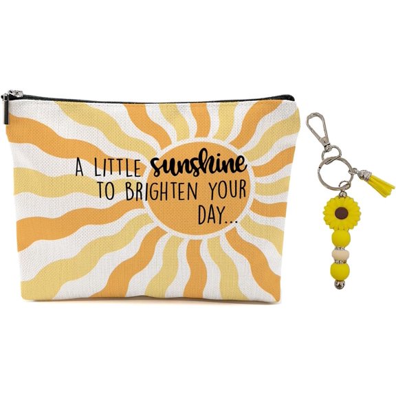 Sunshine Makeup Bag for Women Lady Bestie, Large Capacity Makeup Pouch Travel Organizer Toiletry Bag, Sunflower Beaded Key Ring with Tassel, Gifts for Women