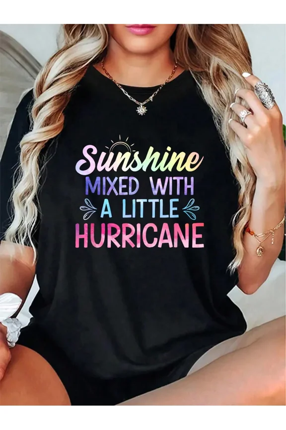 Sunshine Mixed With A Little Hurricane Women's Graphic T-Shirt Retro Funny Inspirational Quote Short Sleeve Tee Casual Summer Fashion Top