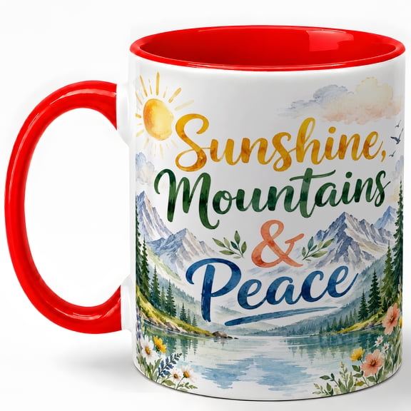 Sunshine Mountains Peace Coffee Mug, Mountain Nature Lover Mug, Outdoor Camping Birthday Christmas Gift, Watercolor Lake Pine Forest Quote Art, 11 oz White Ceramic Coffee Cup Gift