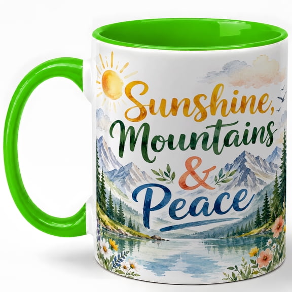 Sunshine Mountains Peace Coffee Mug, Mountain Nature Lover Mug, Outdoor Camping Birthday Christmas Gift, Watercolor Lake Pine Forest Quote Art, 11 oz White Ceramic Coffee Cup Gift