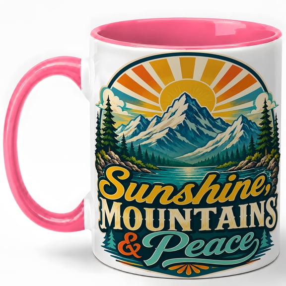 Sunshine Mountains Peace Coffee Mug, Vintage Mountain Badge Mug, Outdoor Hiking Birthday Christmas Gift, Retro Lake Pine Forest Quote Art, 11 oz White Ceramic Coffee Cup for Tea