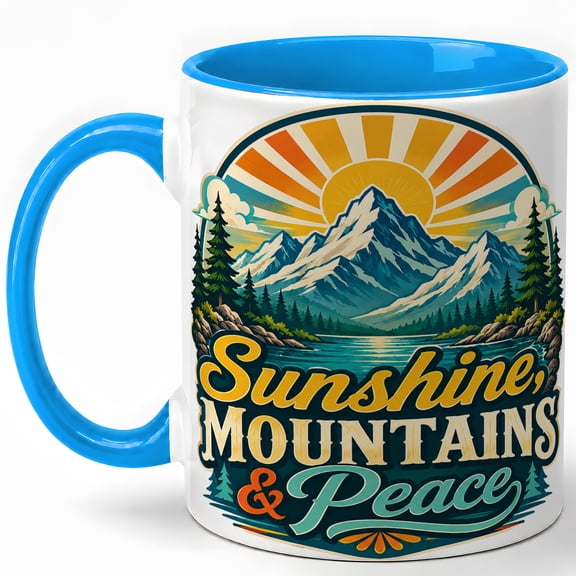 Sunshine Mountains Peace Coffee Mug, Vintage Mountain Badge Mug, Outdoor Hiking Birthday Christmas Gift, Retro Lake Pine Forest Quote Art, 11 oz White Ceramic Coffee Cup for Tea