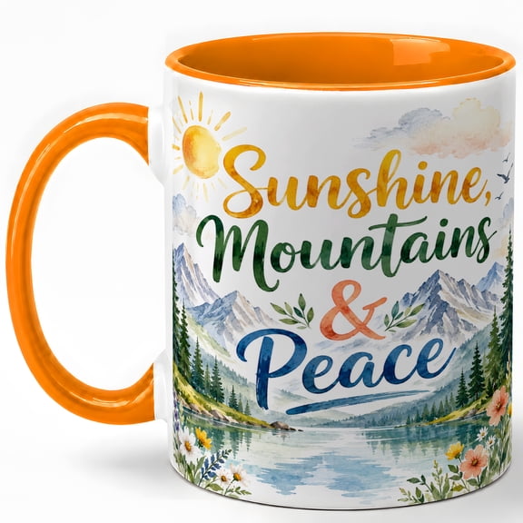 Sunshine Mountains Peace Coffee Mug, Watercolor Nature Mug, Outdoor Hiking Birthday Christmas Gift, Mountain Lake Wildflower Quote Art, 11 oz White Ceramic Coffee Cup for Tea Lovers