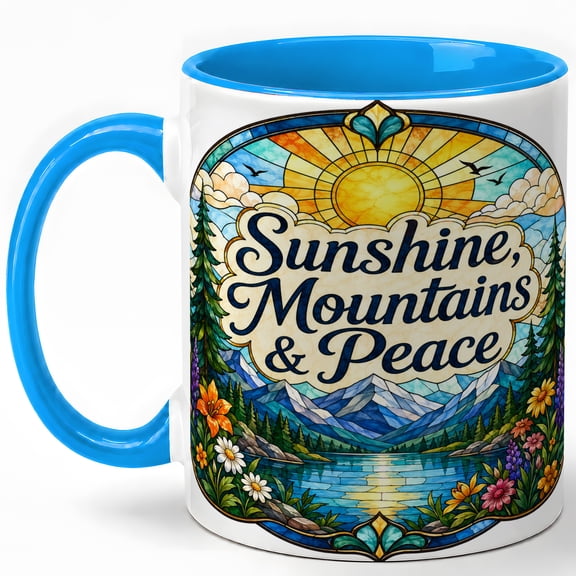Sunshine Mountains and Peace Coffee Mug, Stained Glass Lake Landscape Design, 11 oz Ceramic Cup