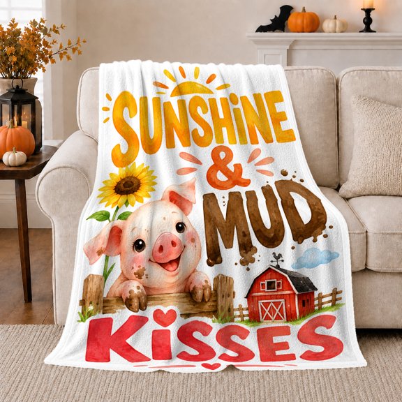 Sunshine Mud Kisses Piglet and Barn, Rustic Watercolor Style for Pig Lovers, Sunflower Fence Scene, Soft Flannel Blanket for Bedroom and Living Room, Housewarming Gift and Cheerful Home Decor