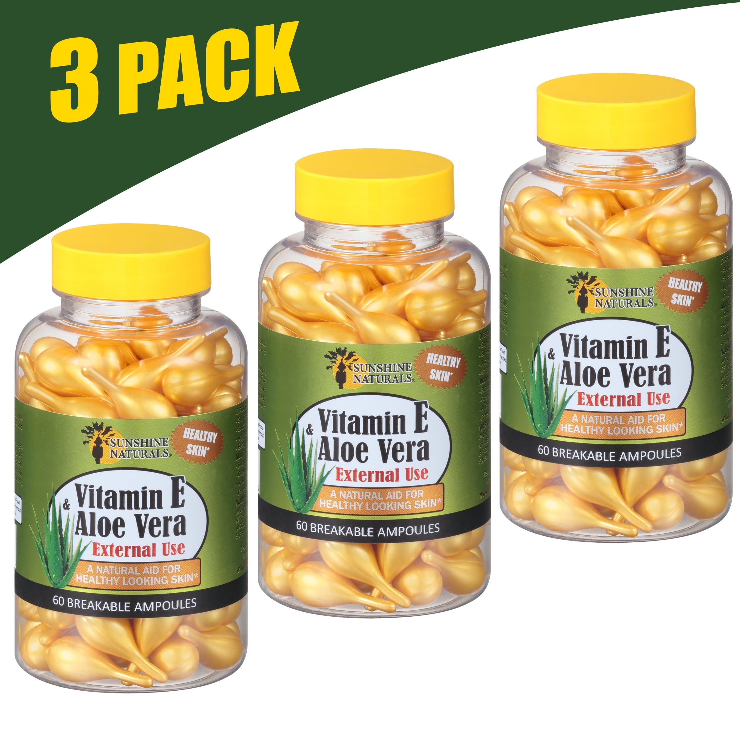 Sunshine Naturals Aloe Vera \u0026 Vitamin E Cream Breakable Cream Ampoules, Skin Care, Face Care, 3 PACK, 60 Count per bottle, 180 count total