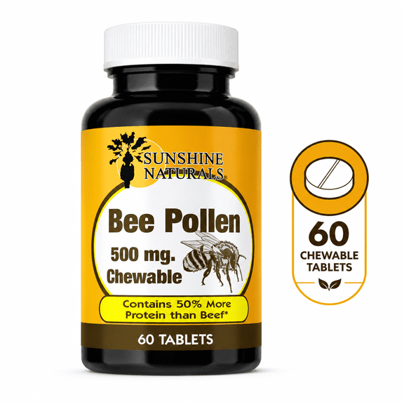 Sunshine Naturals Bee Pollen 500 mg Chewable Tablets, Natural Bee Pollen Supplement, Nutrient-Rich Superfood, 60 Tablets