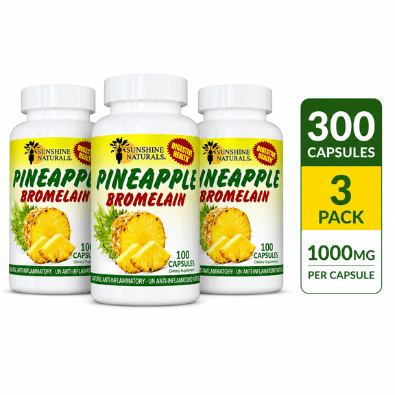 Sunshine Naturals Bromelain 1000mg Digestive Enzyme Supplement, Pineapple Enzyme, 100 Capsules per Bottle, 3 Pack (300 Capsules Total)