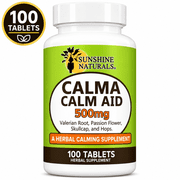 Sunshine Naturals Calm Aid 500 mg, Relaxation Support Herbal Supplement with Valerian Root, Passion Flower, Skullcap & Hops, 100 Tablets
