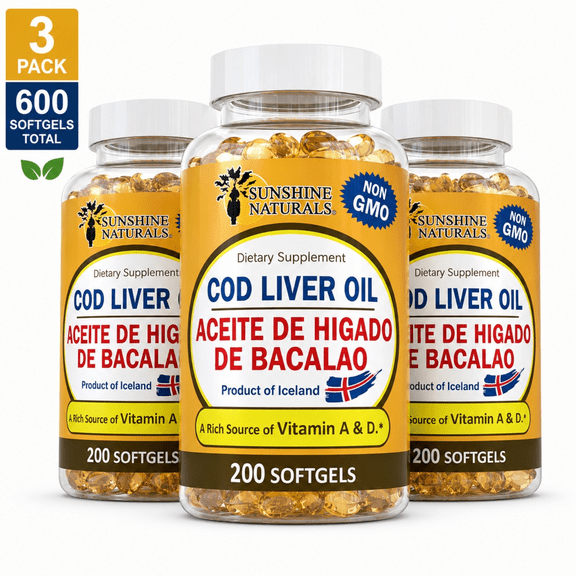 Sunshine Naturals Cod Liver Oil, Vitamins A & D, Immune System Health Support, Dietary Supplement, 600 Softgels, 3 Pack