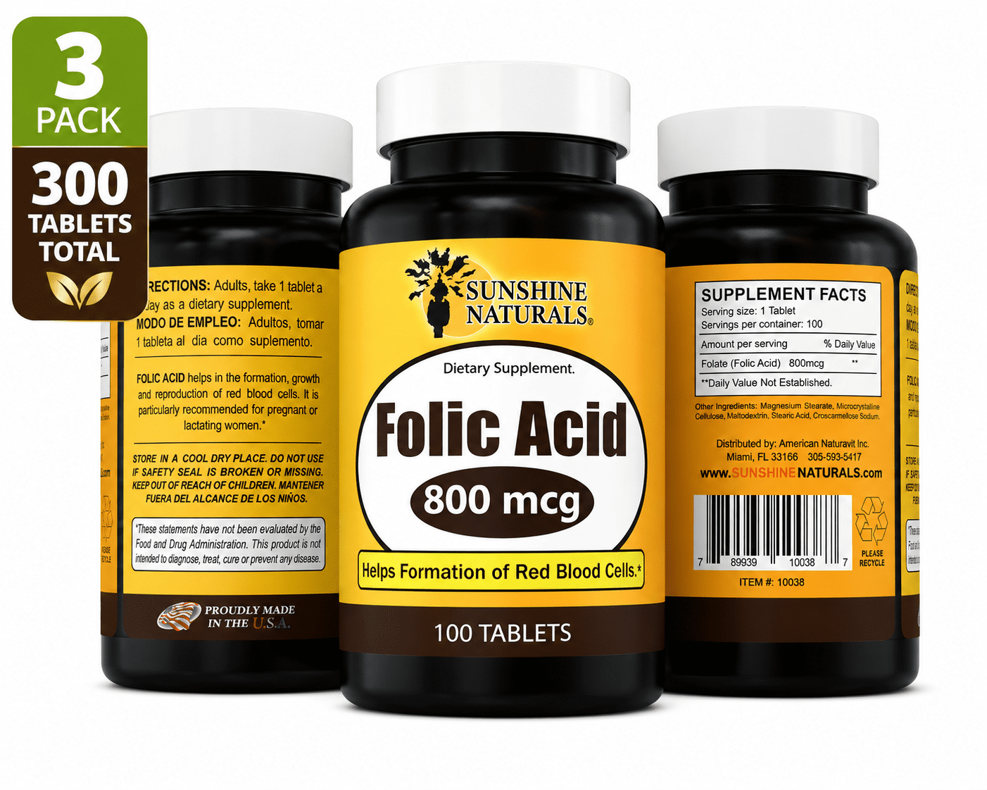 Sunshine Naturals Folic Acid 800mcg (Vitamin B9) Supplement, Supports Red Blood Cell Formation & Prenatal Wellness, 100 Tablets per Bottle, 3-Pack