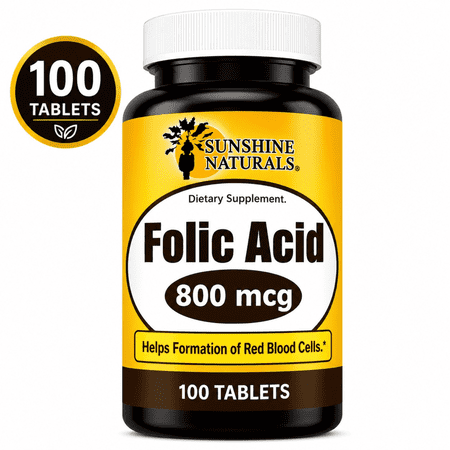 Sunshine Naturals Folic Acid 800 mcg Dietary Supplement, 100 Tablets, Vitamin B9 for Red Blood Cell Formation