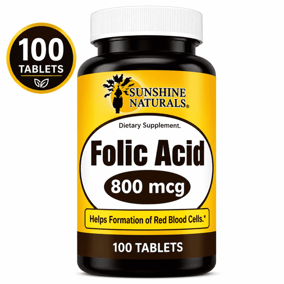 Sunshine Naturals Folic Acid 800 mcg Dietary Supplement, 100 Tablets, Vitamin B9 for Red Blood Cell Formation