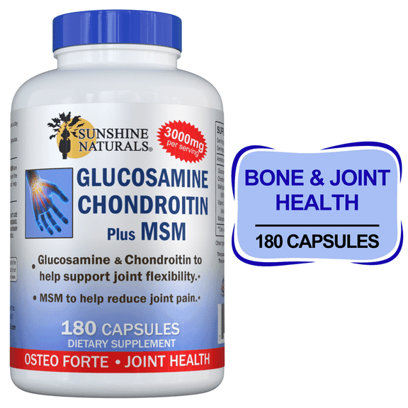 Sunshine Naturals Glucosamine Chondroitin Plus MSM for Joint and Bone Health, 180 Capsules