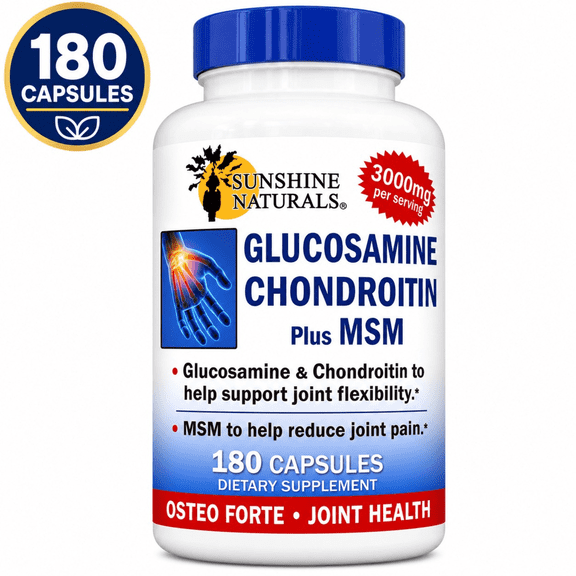 Sunshine Naturals Glucosamine Chondroitin Plus MSM for Joint and Bone Health, 180 Capsules