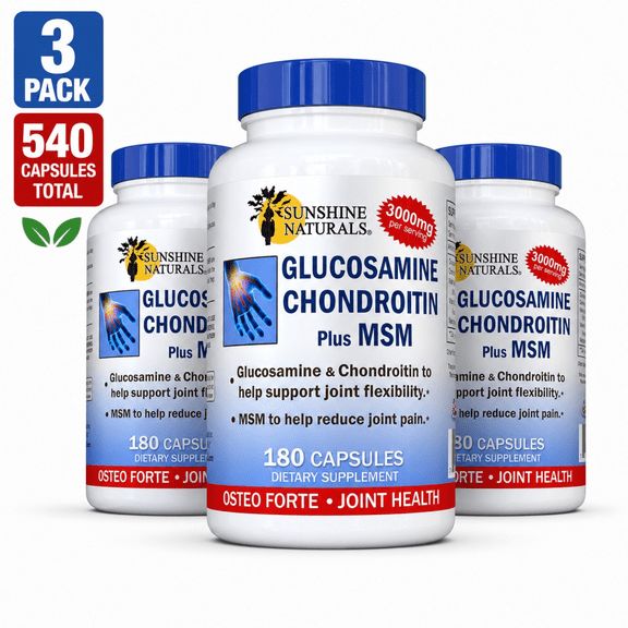 Sunshine Naturals Glucosamine Sulfate Plus Chondroitin Sulfate, Bone and Joint Supplements, Dietary Supplements - 90 Capsules, 3 Pack