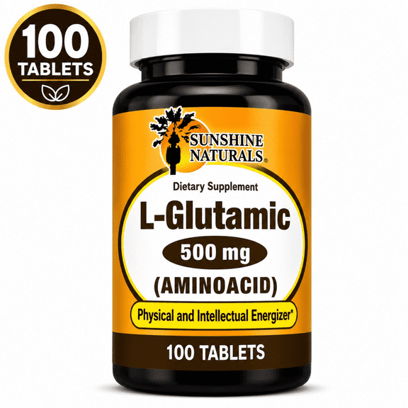 Sunshine Naturals L-Glutamic Acid 500 mg Tablets, Amino Acid Supplement for Energy & Mental Performance Support, 100 Count
