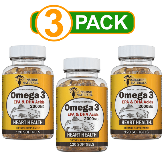 Sunshine Naturals Omega-3 Fish Oil Softgels, Heart & Brain Health Support, Dietary Supplement, 120 Softgels, 3-Pack