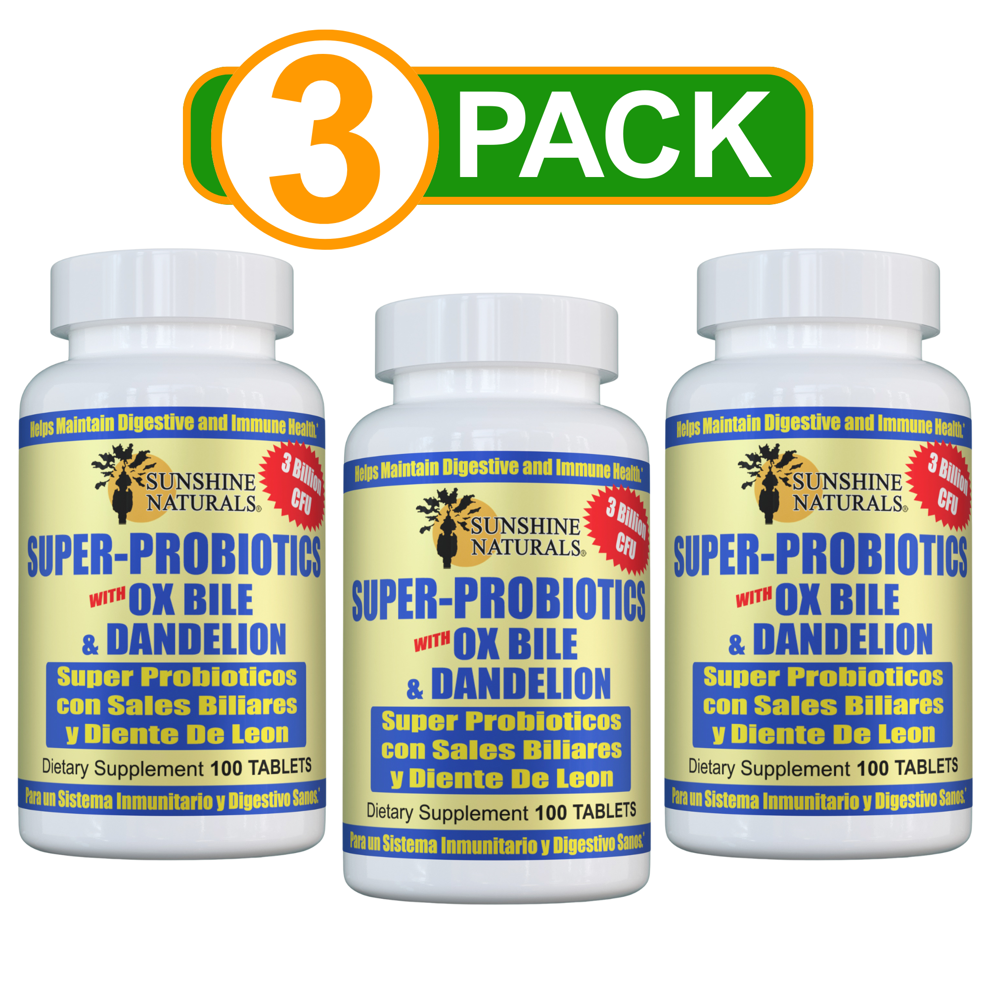 Sunshine Naturals Probiotics With Ox Bile & Dandelion 3 Pack 100 Tablets per Bottle
