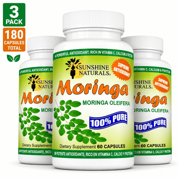 Sunshine Naturals Moringa Leaf Capsules, Moringa Oleifera Dietary Supplement, Vegan Capsules, Plant-Based Herbal Supplement, 180 Capsules, 3 Pack