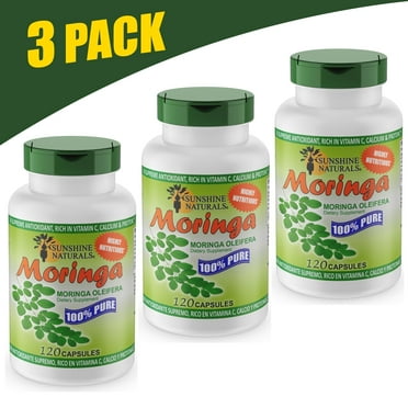 Sunshine Naturals Pure Leaf Moringa Capsules, Superfood, 3PACK, 120 Capsules per bottle, 360 Capsules